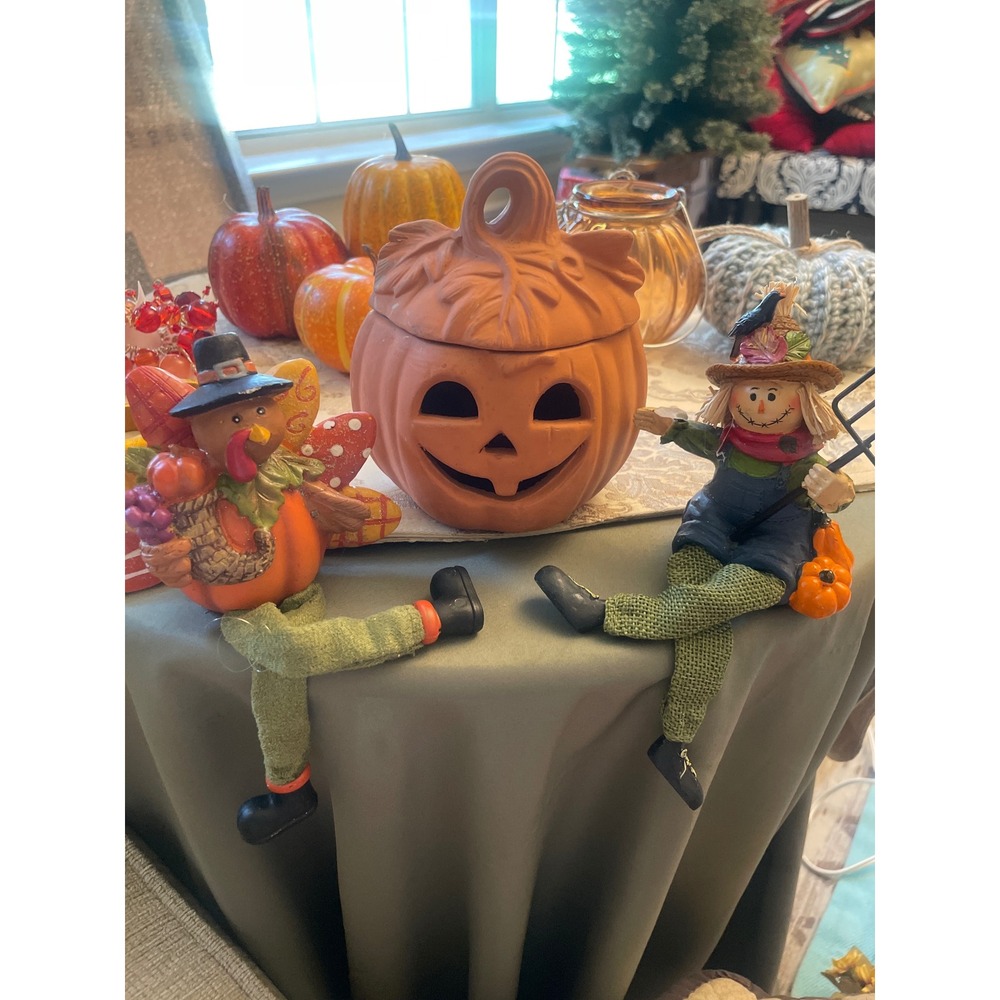 Fall Pumpkin Jack O Lantern Luminary with Scarecrow & Turkey Shelf Sitters 3pc